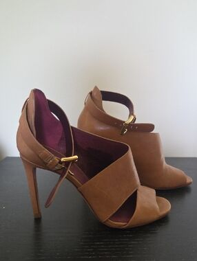 Coach Tan Leather Open-Toe High Heel Sandals with Gold Buckle